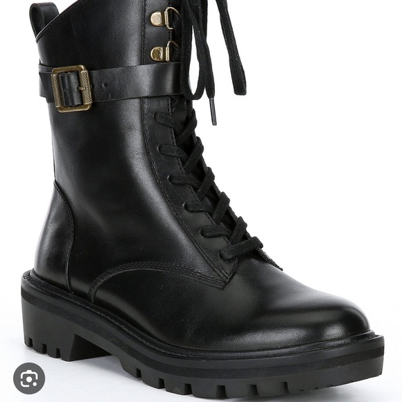 Antonio Melani Black Dylan Buckle Leather Lug Sole Combat Booties. - Picture 2 of 15